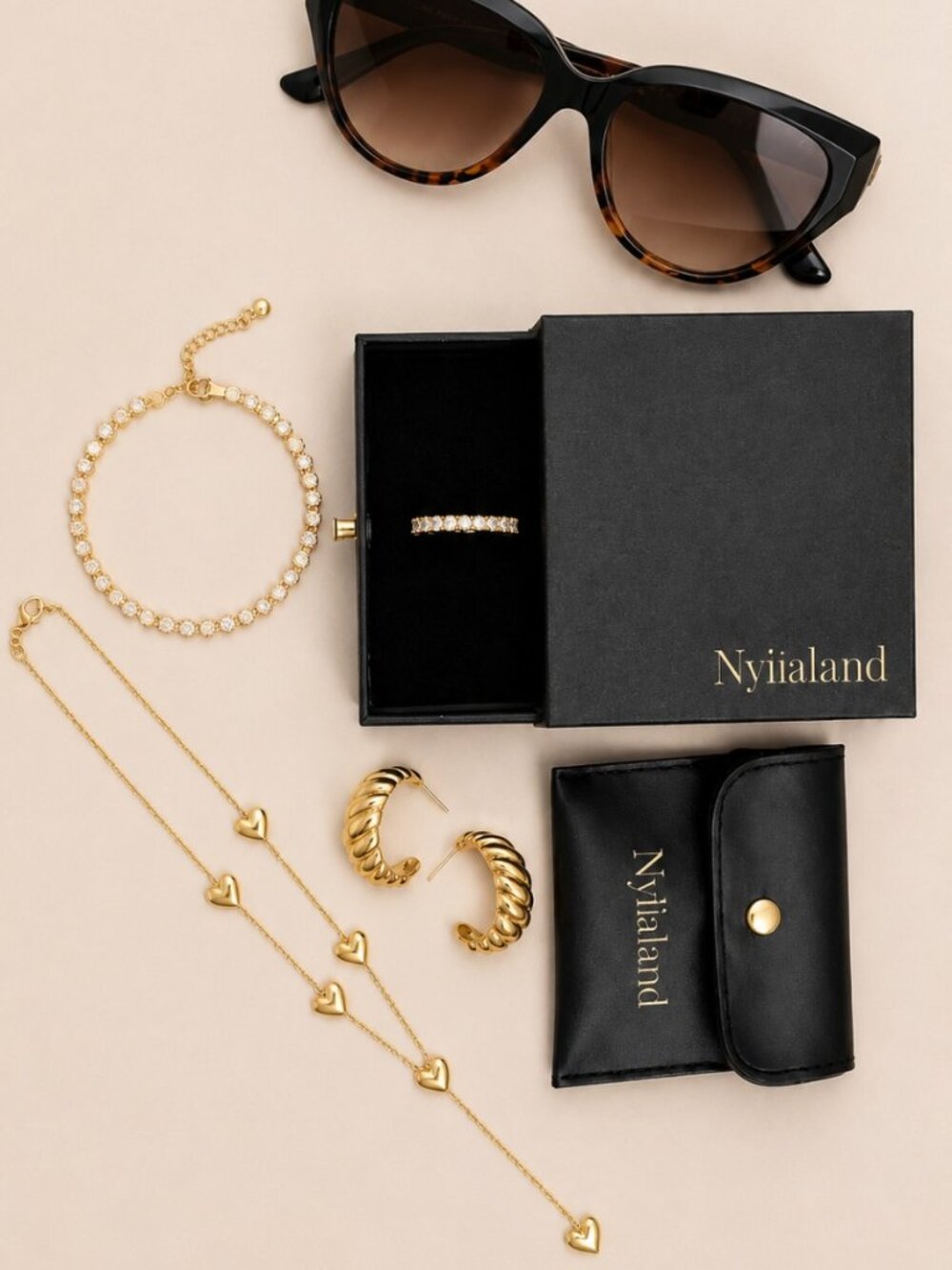 Luxury Accessory Bundle Cat Eye Sunglasses & Nylialand Gold Jewelry Set